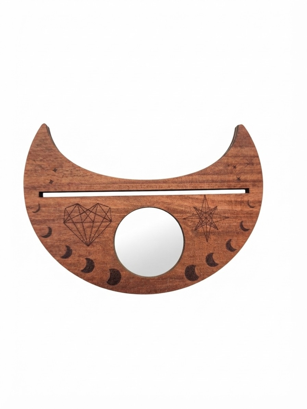 Handmade Wooden Crescent Moon Tarot Card Stand w/ Engraved Moon Phases (0333)